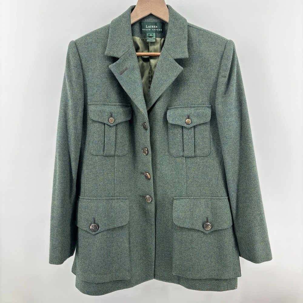 Lauren Ralph Lauren 12 Green Herringbone Tweed Wool Equestrian Jacket Military